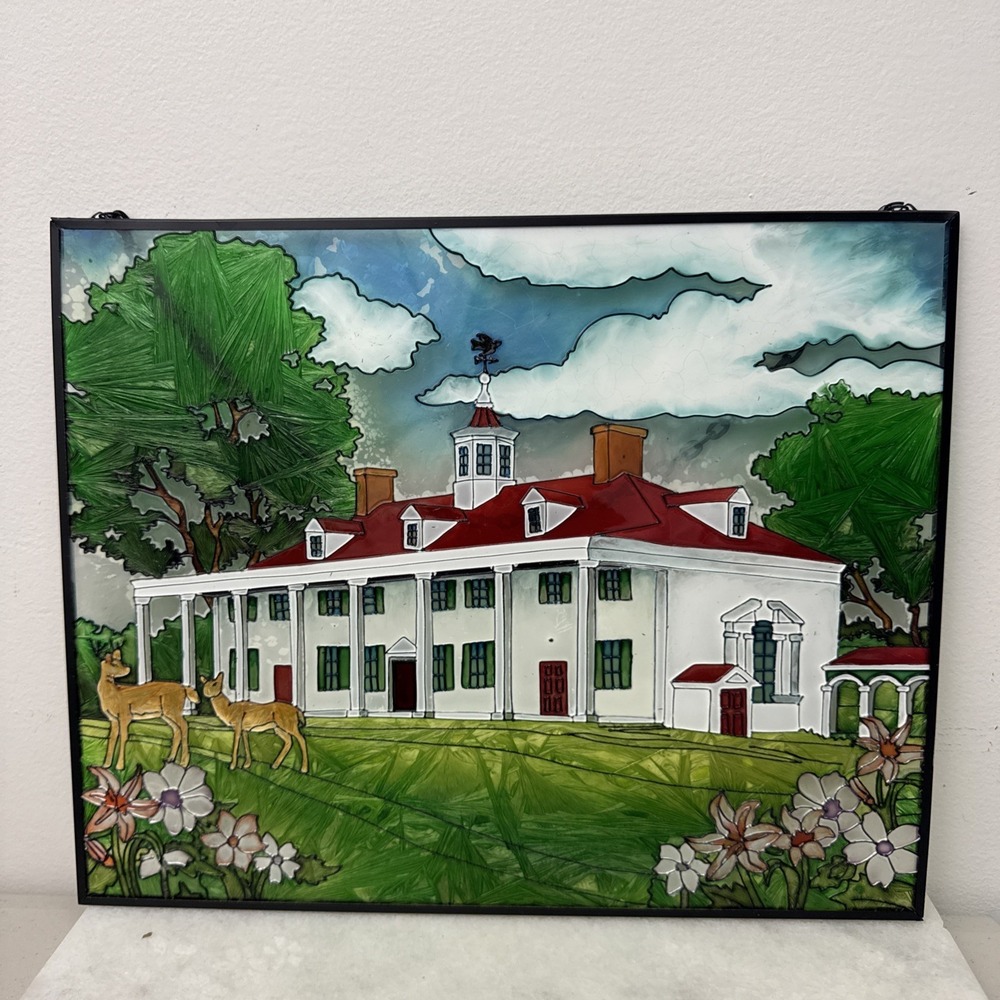 Vtg Mount Vernon home of George Washington stained glass artwork 12x9.5" Unique